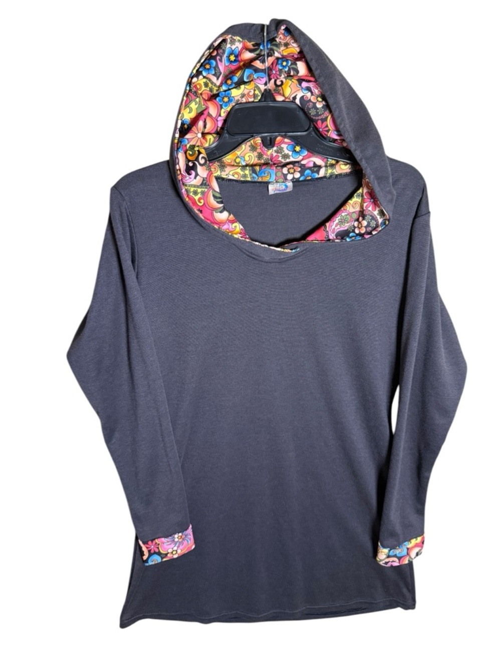 Shyine Psychedelic Floral Print Hooded Long Sleeve Top Charcoal Grey